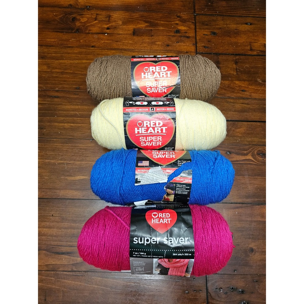 Red Heart Super Saver Yarn Lot 4 Skeins Worsted Medium 4 Brown Yellow Blue Pink